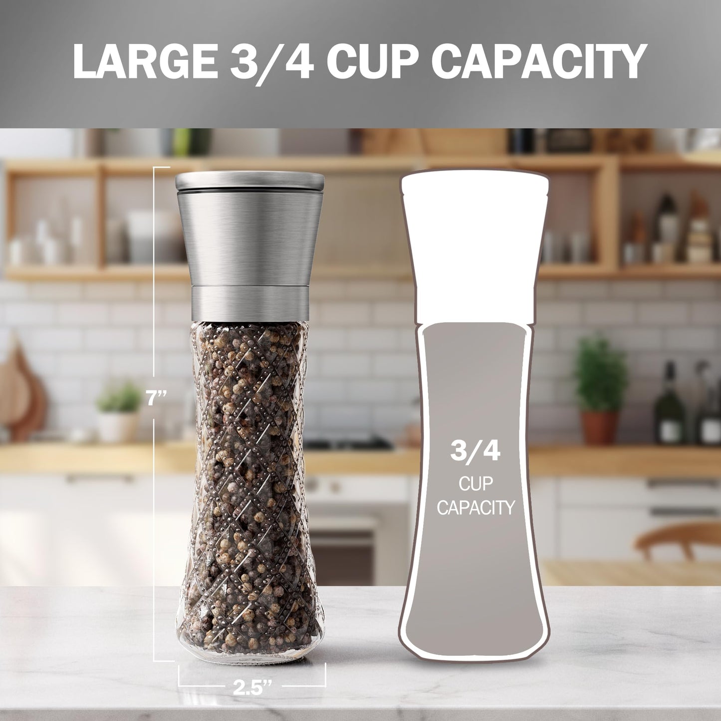 Home EC Original Stainless Steel Sea Salt and Pepper Grinder Set of 2 - Adjustable Ceramic Grinder - Diamond Pattern Glass - Salt and Pepper Shakers - Kitchen Spice Mill - Modern Kitchen Accessories