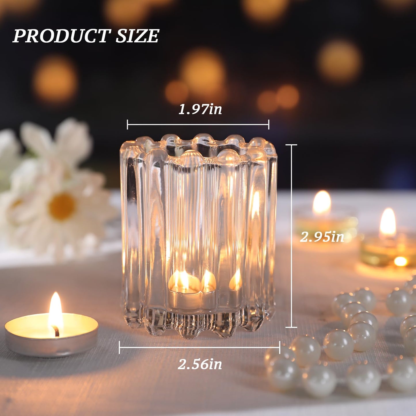 HAVITI Glass Clear Votive Candle Holder, Ribbed Votive Candle Holders Set of 6, Tealight Candle Holder for Wedding Centerpieces Dinner Party Table Decor