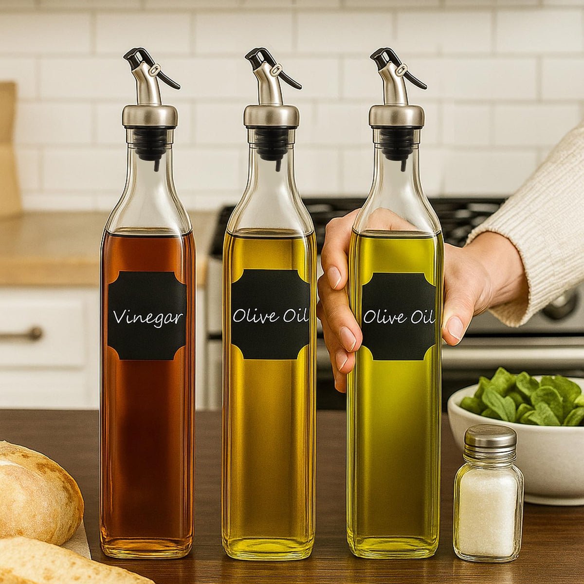 WERTIOO Olive Oil Dispenser Bottle,4Pack 17 OZ Glass Oil Dispenser for Kitchen with 4 Pourer,1 Stainless Steel Funnel & 1 Pen and 8 Label for Kitchen (500ml)