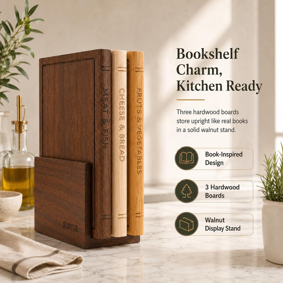 Book Shaped Cutting Board Set with Walnut Stand, 3 PCS Wooden Cutting Boards (13"x10"), Maple Sapele & Bamboo Charcuterie Serving Boards, Decorative Kitchen Decor Gift for Housewarming (1Set)