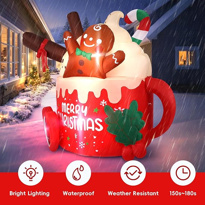 6.5 FT Christmas Inflatables Outdoor Decorations, Gingerbread Christmas Inflatable Hot Cocoa Mug with Built-in LEDs Blow Up Christmas Decoration for Garden Lawn Yard Patio Xmas Inflatable