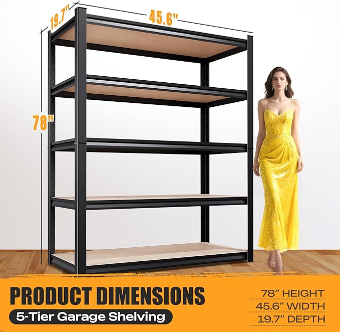 AOAORRG Set of 5 Garage Shelving Heavy Duty Storage Shelves, Metal Adjustable Shelving Unit, Utility Garage Organizer Shelf for Basement, Pantry, Kitchen, Warehouse, 45.6" Wx19.7 Dx78 H
