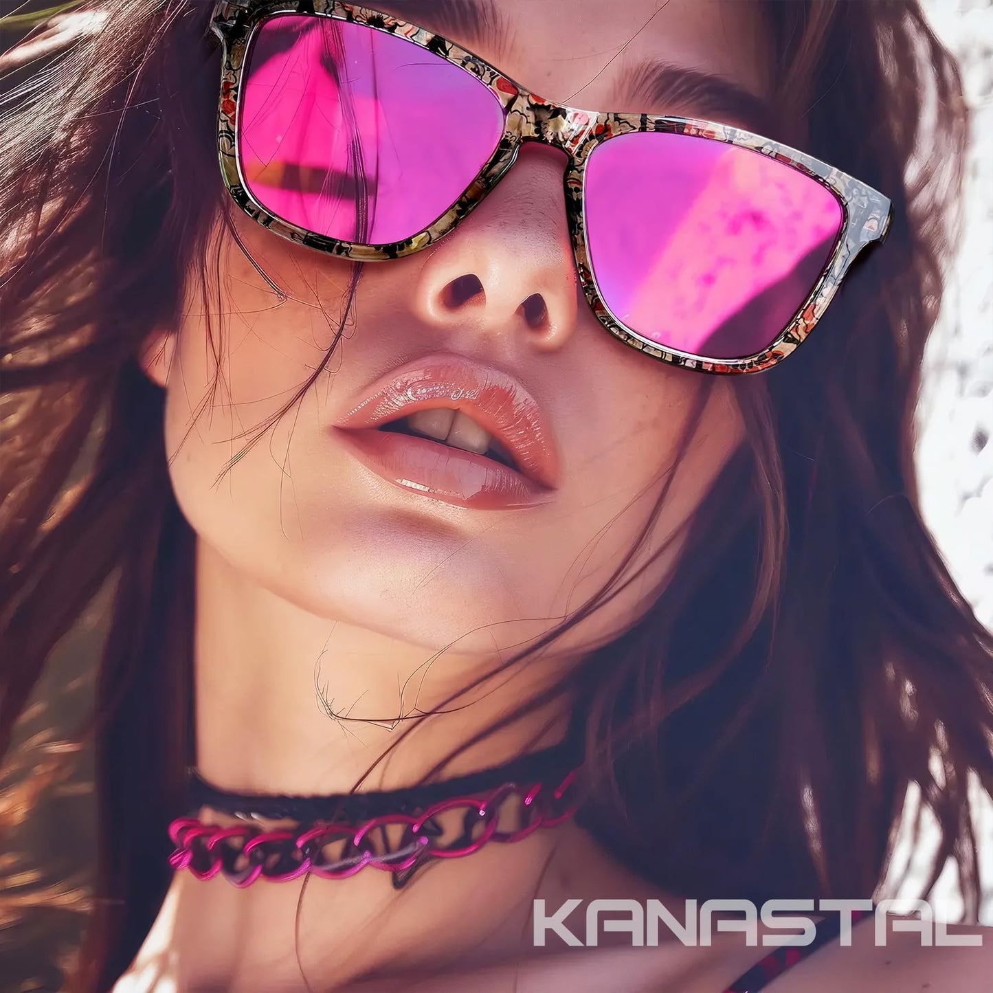 KANASTAL Fuchsia Sunglasses Womens Designer Polarised Pink Mens Square Mirror Ladies Retro Classic Coloured UV400 Vacation Fashion - Patterned Frame Fuchsia Lens