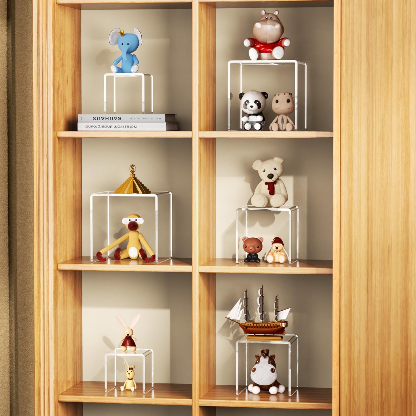NIUBEE Acrylic Display Risers Stand 2 Sets,3 Steps Clear Riser Shelf Showcase for Amiibo Funko POP Figures -8.4"x6.3"x4.3"