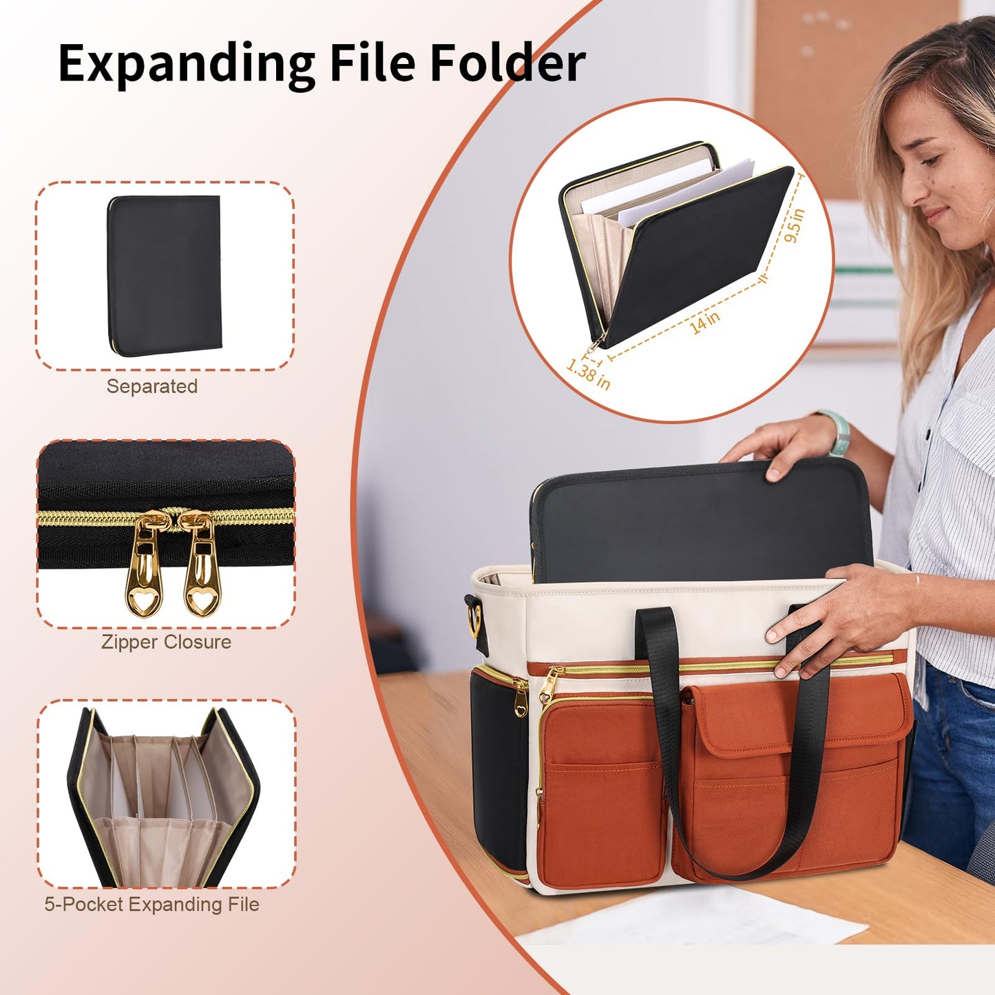 ESTARER Teacher Tote Bag for Women 2Pcs,15.6'' Laptop Work Bag Computer Bag w/File Folder & Insulated Pocket, Large Water-resistant Messenger Shoulder Bag for Office/Travel/College,Black-Beige-Brown