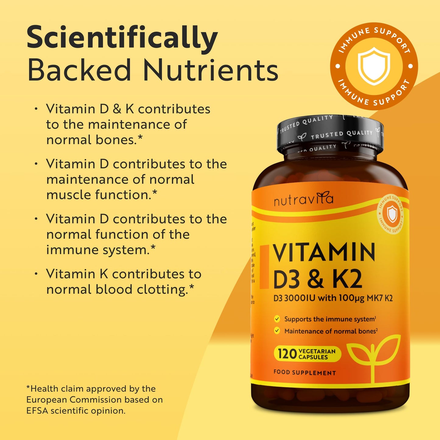 Vitamin D3 3000iu & K2 100ug (MK7) – 120 Vitamin D3 K2 Vegetarian Capsules – Supports Normal Bones, Muscles, Teeth and Immune System – Cholecalciferol & Menaquinone-7 – Made by Nutravita
