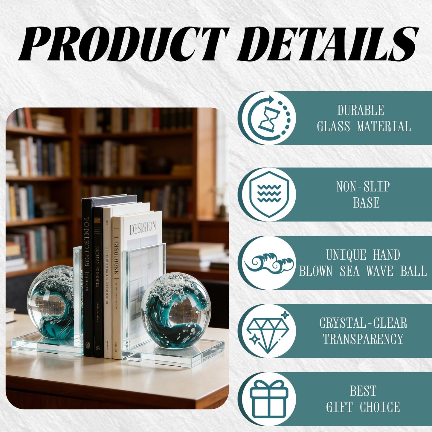 Decorative Bookends for Shelves, Hand Blown Ocean Crystal Ball Unique Bookends for Heavy Books, Office Desk Decor, Ideal for Ocean Lovers (Dark Green)