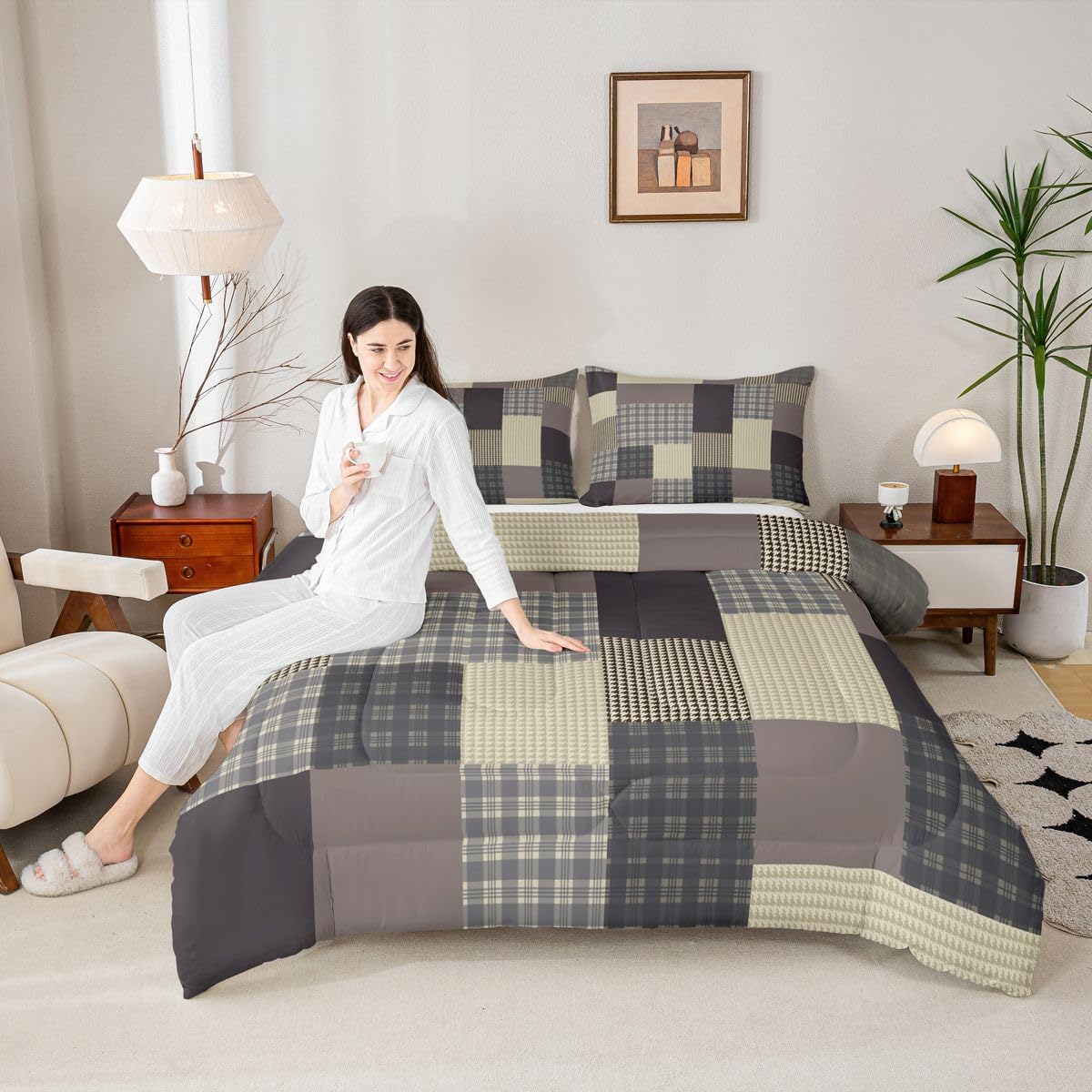 jejeloiu Plaid Comforter Set Queen Size Farmhouse Patchwork Bedding Set for Kids Boys Girls Rustic Lodge Cabin Duvet Quilt Check Checkered Bedroom Decor Microfiber 3 Pcs with 2 Pillow Cases