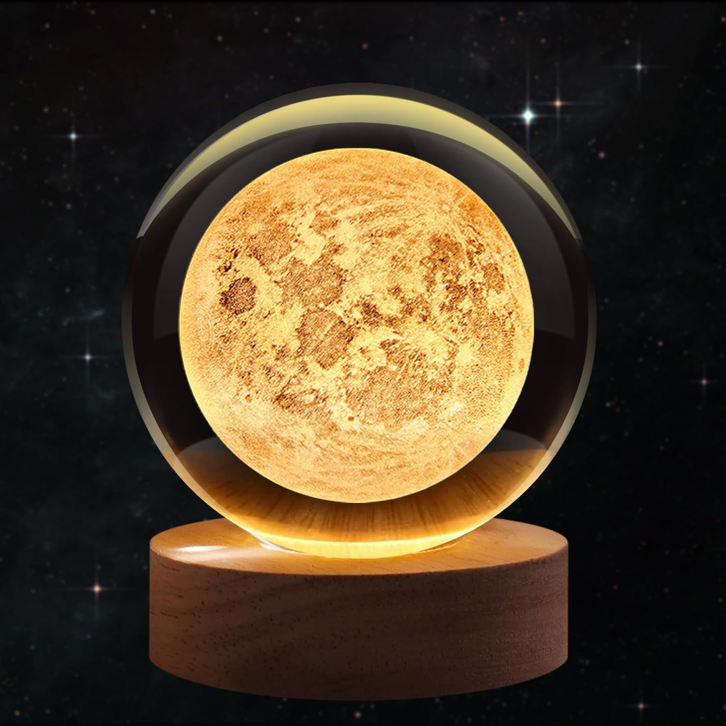 Flexzion 3D Moon Crystal Ball Night Light 80mm (3.15 Inch), LED Glass Sphere Lamp with Solid Wood Base, USB Powered Adjustable Brightness Desk Decor Gift