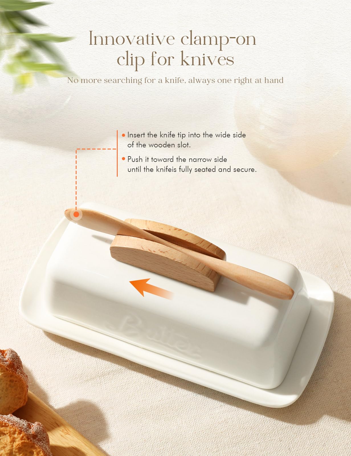 Butter Dish with Lid and Knife Ceramic Butter Holder for Counter Humanized Clamp-able Knife Handle Design, Perfect for East West Coast Butter, White