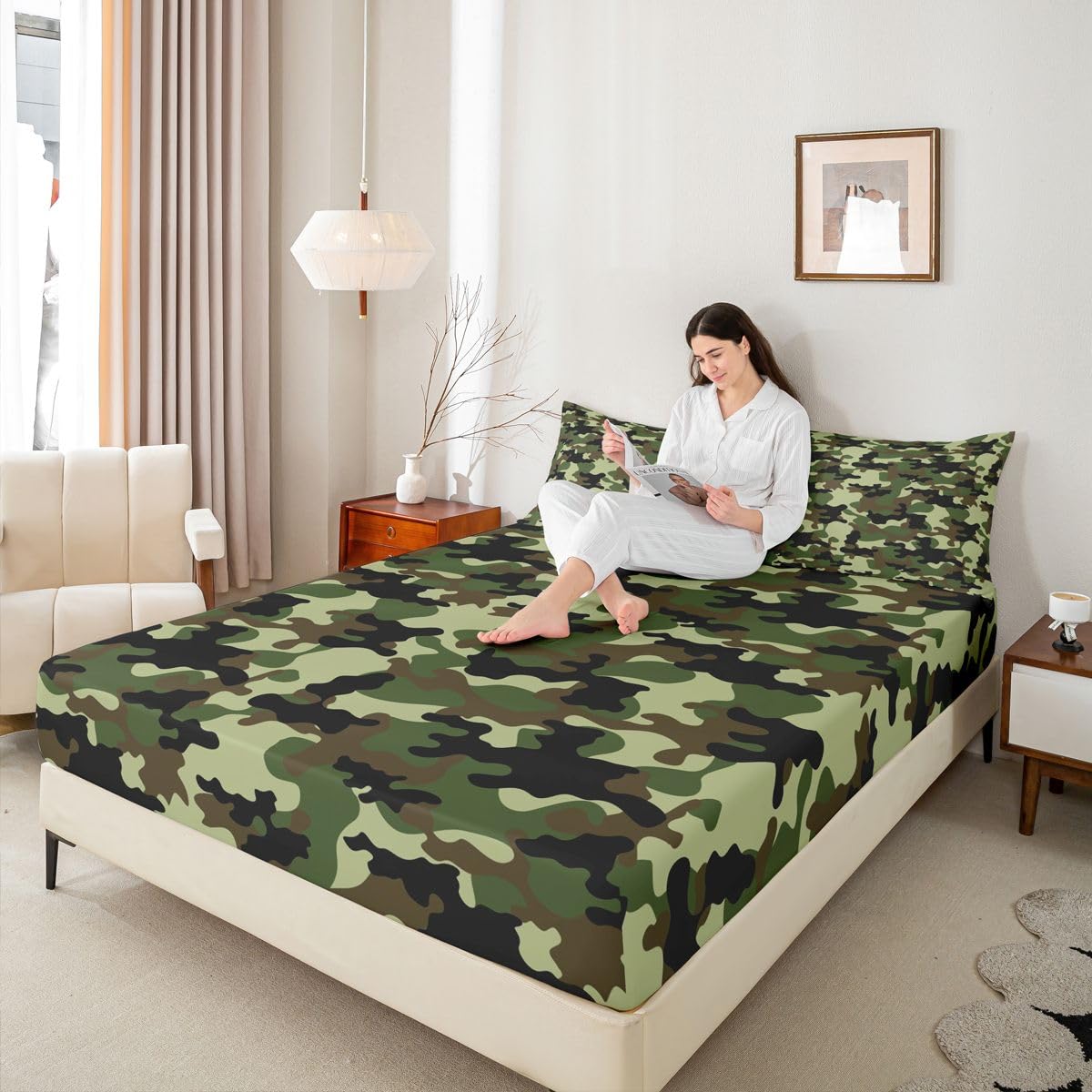 Feelyou Camo Bed Sheets Set Kids Bedding Queen Size Includes 1 Fitted Sheets & 2 Pillowcases (No Flat Sheet)