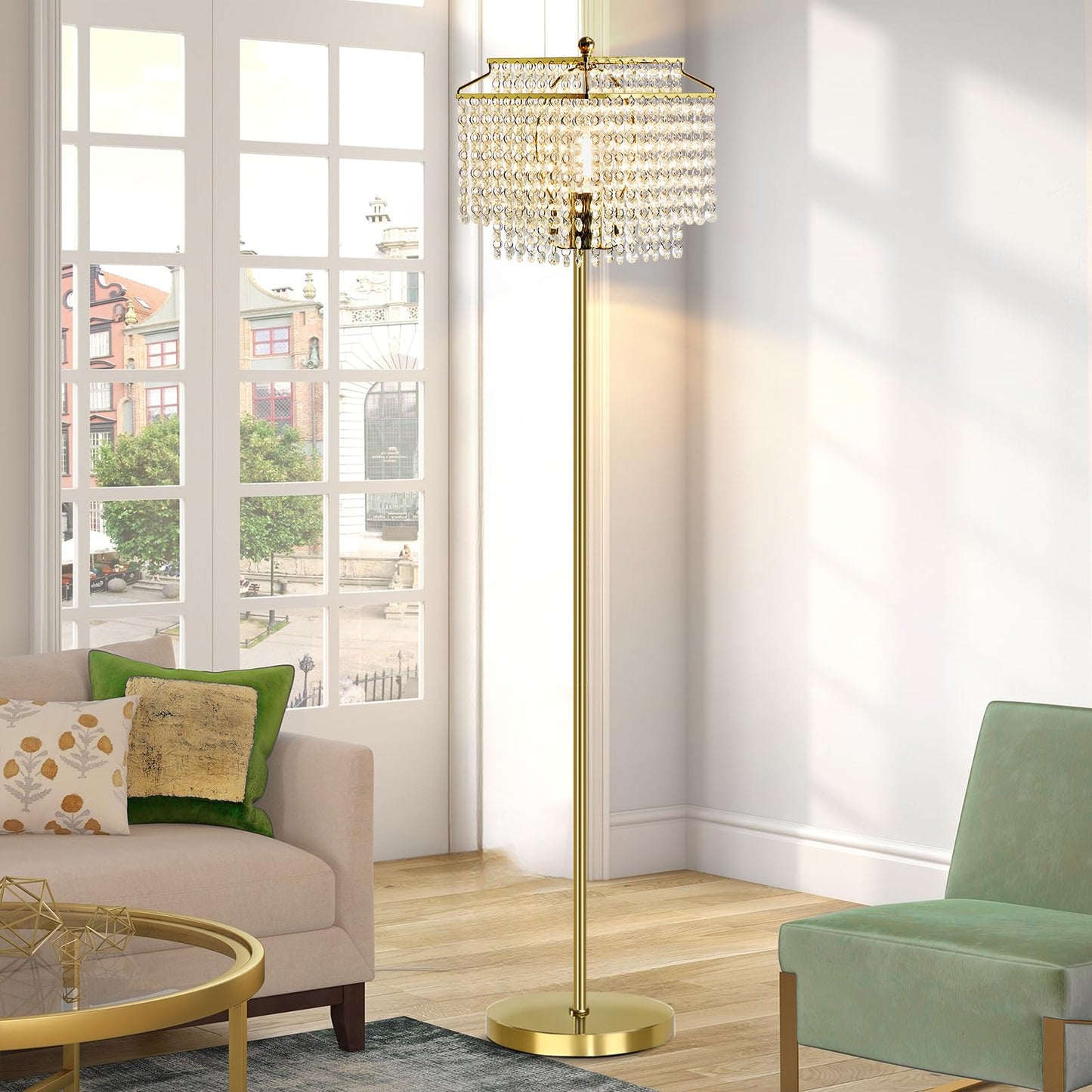 Luvkczc Gold Crystal Floor Lamp, 64" Tall Elegant Standing Lamp with On-Off Foot Switch, Double-Layer Lampshade, Standing Floor Lamps for Living Room, Bedroom, Office, 8W LED Bulb Included