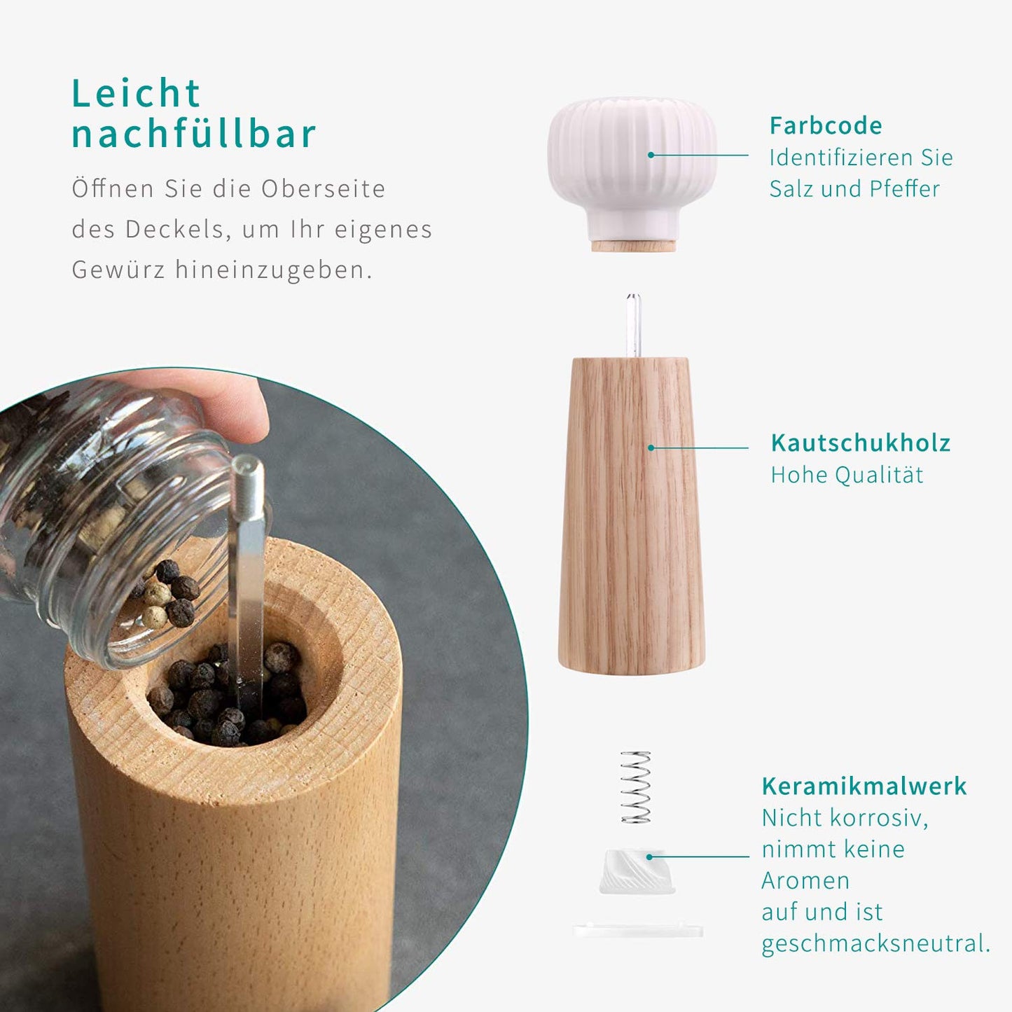 HAIPUSEN Wood and Ceramic Pepper Grinder Set - Salt and Pepper Mill Spice Mill with Adjustable Coarseness, 7 inches (Without Tray)