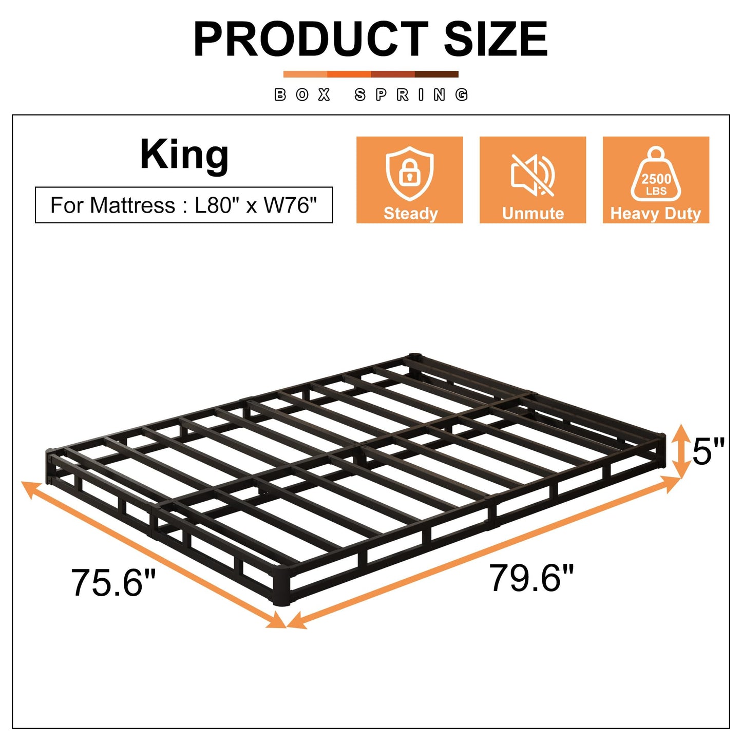 EMODA King Box Spring Bed Base 5 Inch Heavy Duty Metal Mattress Foundation with Fabric Cover, 3000LBS Max Weight Capacity, Noise Free, Easy Assembly