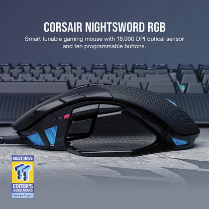 Corsair NIGHTSABRE RGB Wireless Gaming Mouse for FPS, MOBA - 26,000 DPI - 11 Programmable Buttons - Up to 100hrs Battery - iCUE Compatible - Black