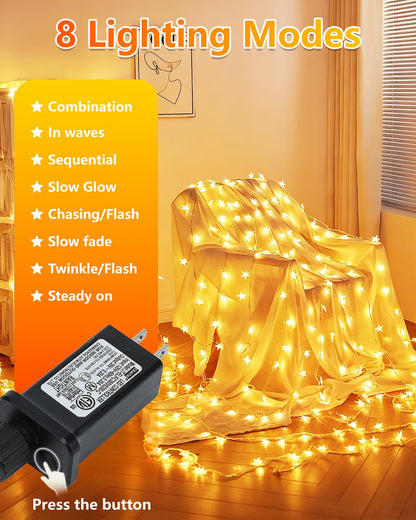 Twinkle Star 100 LED Star String Lights, 33FT Plug in Fairy String Lights Waterproof for Bedroom Decor, Indoor, Outdoor, Wedding Party, Christmas Tree, New Year, Ramadan, Warm White