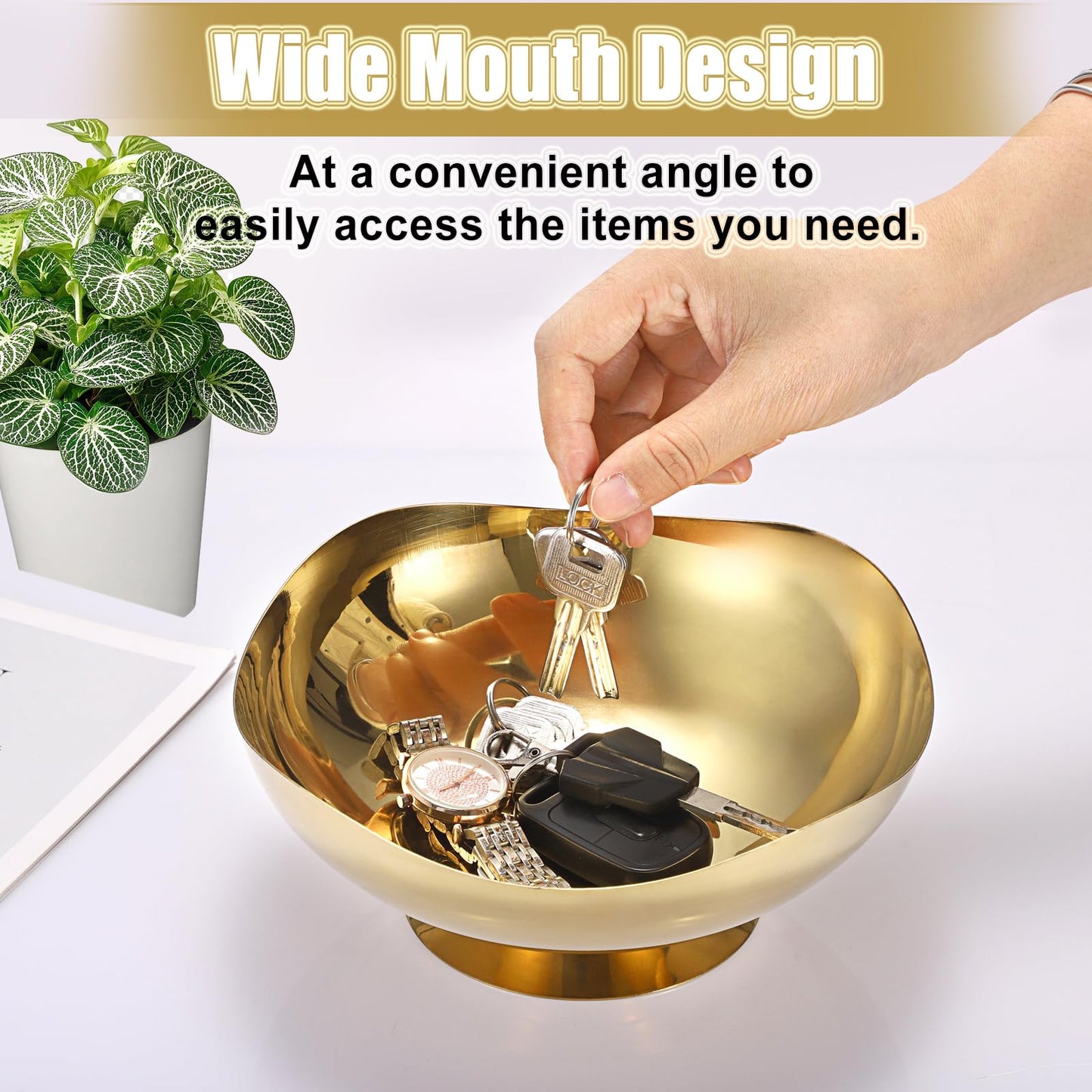 ELLDOO Key Bowl for Entryway Table, 7.9inch Gold Metal Key Dish Decorative Bowl, Coffee Pod Holder for Nespresso, Candy Snacks Jar Catch All Bowl for Countertop Kitchen Breakroom
