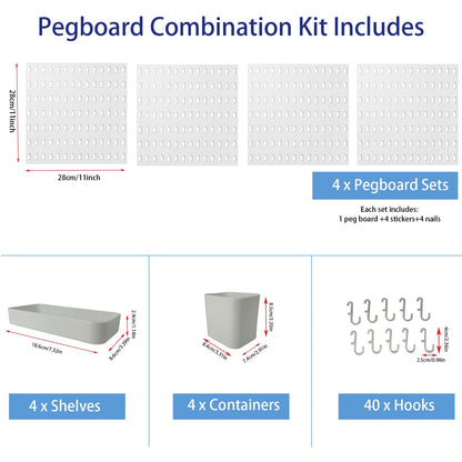 bizxdev Pegboard Wall Organizer Combination Kit,4 Pegboards with 48 Accessories For Kitchen, Bedroom, Bathroom, Game, and Office Storage. Nail-Free Installation（White 22” x 22”）