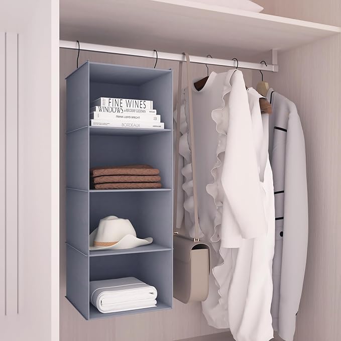 Hanging Closet Organizer, Easy Mount Foldable 4-Shelf Hanging Closet Wardrobe