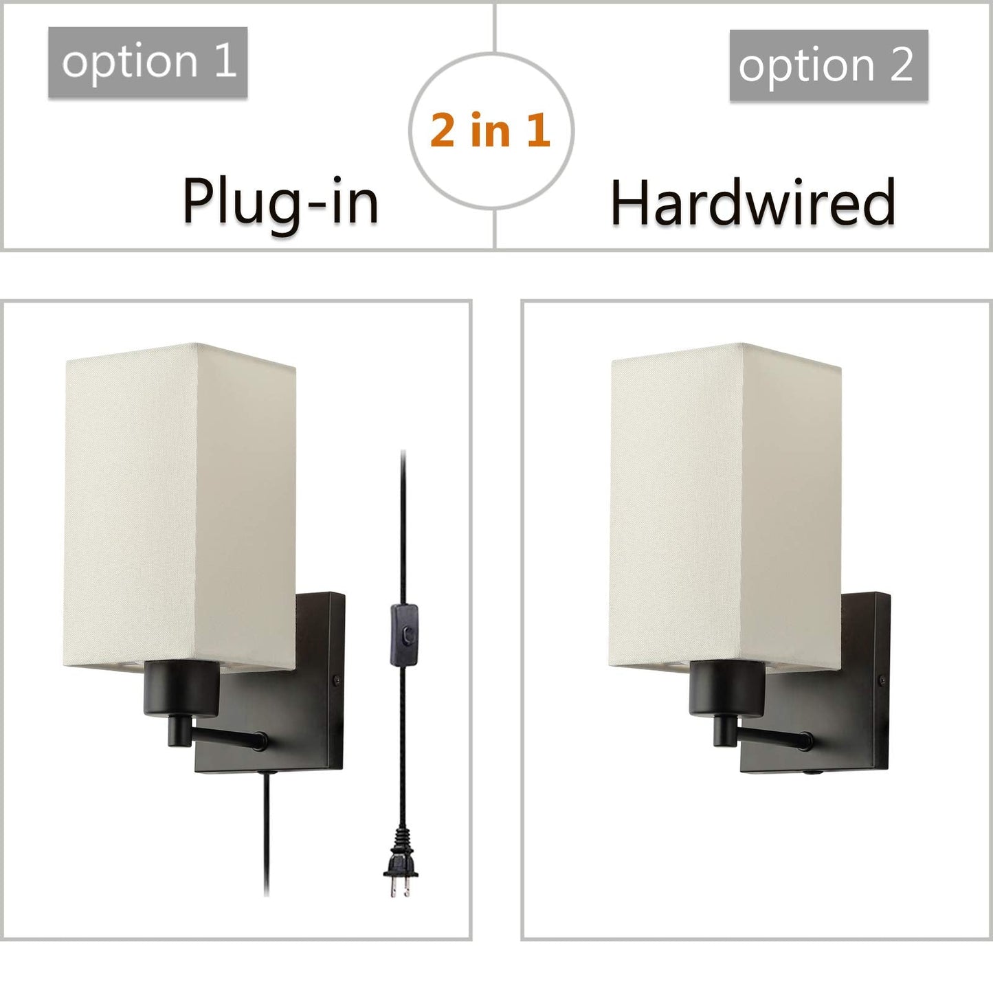 KOONTING® Plug in Wall Sconce Set of 2, Rustic Wall Lamp with Plug-in Cord and On/Off Toggle Switch, Beige Fabric Shade Wall Light Fixture for Headboard Bedroom Living Room Hallway