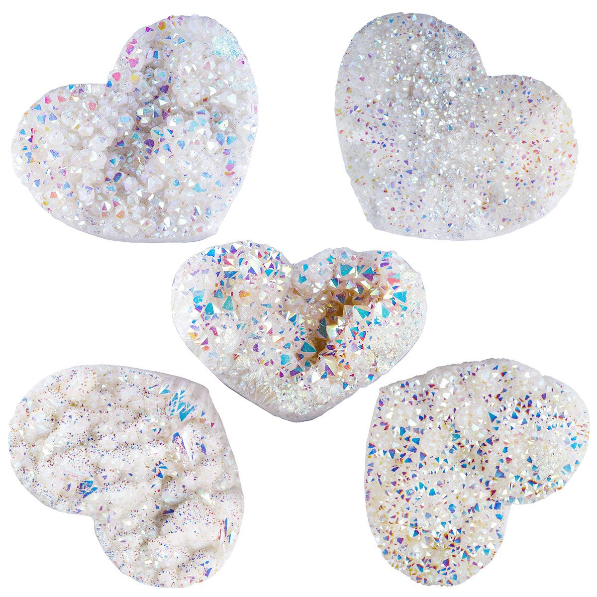 TUMBEELLUWA White AB Titanium Coated Rock Crystal Heart Shaped Decor Healing Crystal Cluster Geode for Home Decoration Quartz Stone Specimen 2-2.76 inches