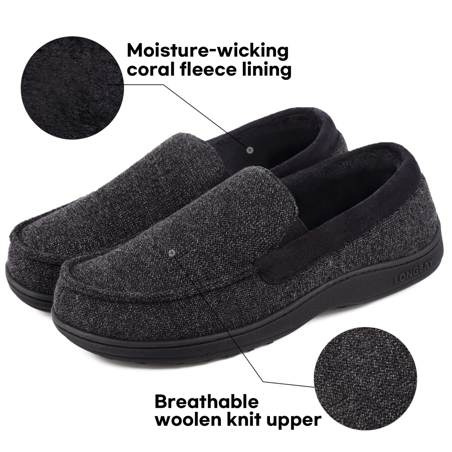 LongBay Mens Memory Foam Moccasin Slippers Plush Fleece House Slipper in Indoor Outdoor Shoes, Black 1, 10 UK