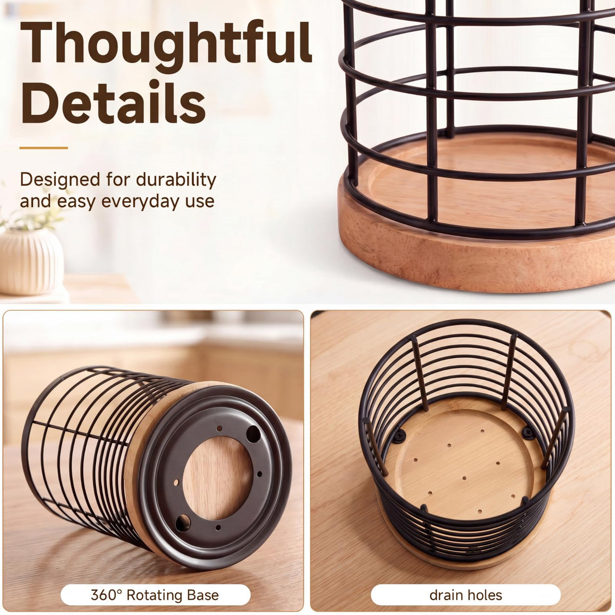 Domensi 360° Rotating Kitchen Utensil Holder Set of 2, Large & Small Bamboo Metal Utensil Crock for Countertop, Kitchen Organizer for Spatula, Spoon & Cooking Tools, Stable Base, 7.2" & 5.9"