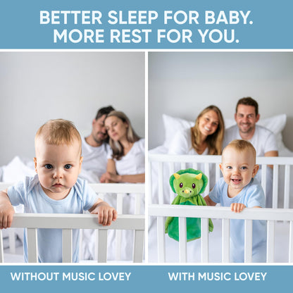 Love By Emi 4 in 1 Baby Lullaby Sleep Soother Toy - Stuffed Animal Sound Machine & Pacifier Holder | Heartbeat White Noise & Music | Plush Green Dinosaur Lovey Sleep Aid Security Blanket (0-3 Years)