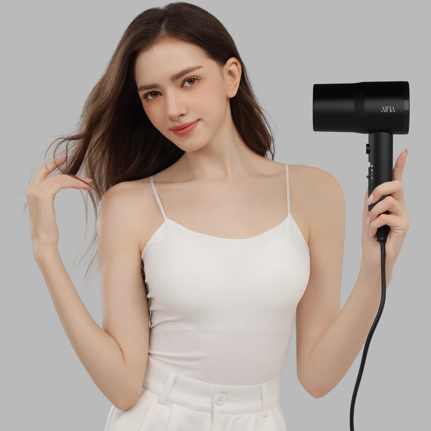 AINA Hair Dryer with Diffuser, Blow Dryer for Women | Advanced Ionic Technology, Ceramic Coating | Cold Shot Features Turbo Heat for Fast Drying and Shine 230v~ (Vader Black)