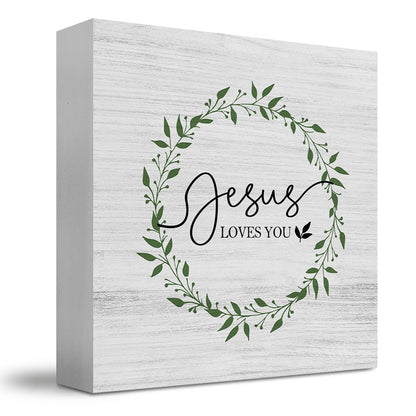 JUIOEIU Christian Desk Decor, Jesus Loves You Bible Verse Wooden Box Sign, Christian Gifts for Women Men, Religious Wood Block Box for Home Bedroom Office Church Desk Shelf Table Decor, 5x5 Inch