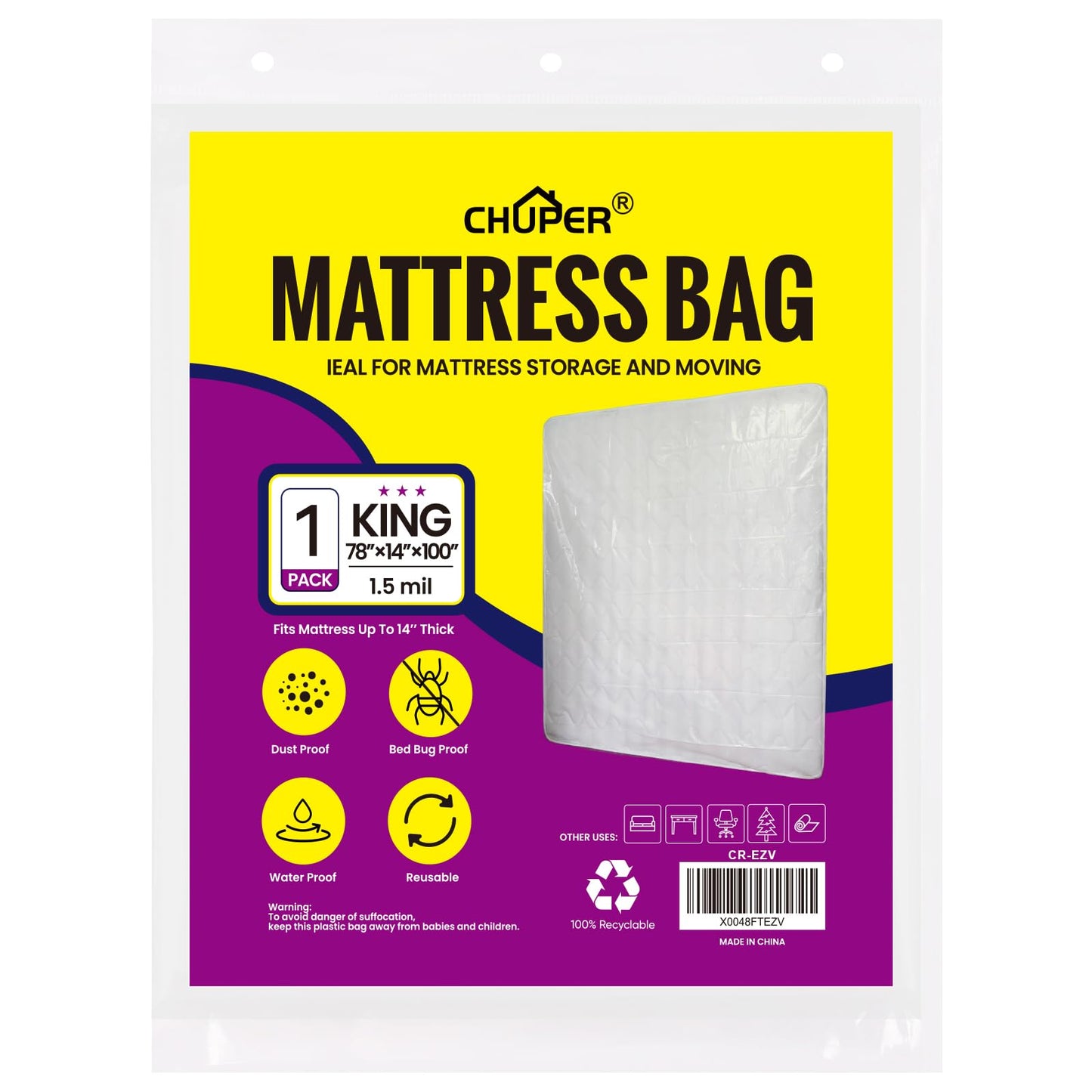 CHUPER King/Cal King Mattress Bag for Moving and Storage,Waterproof Plastic Mattress Cover for Disposal and Protection