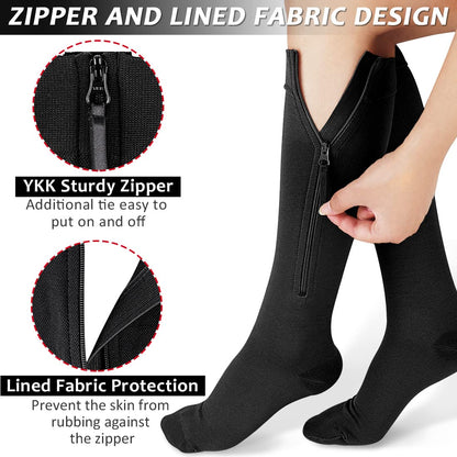 Ailaka Zipper Compression Socks for Men Women - 20-30 mmHg Close Toe Knee High Medical Compression Socks with Zipper, Zip Up Socks for Varicose Veins, Edema, Recovery, Pregnant, Nurse (Black, 4XL)