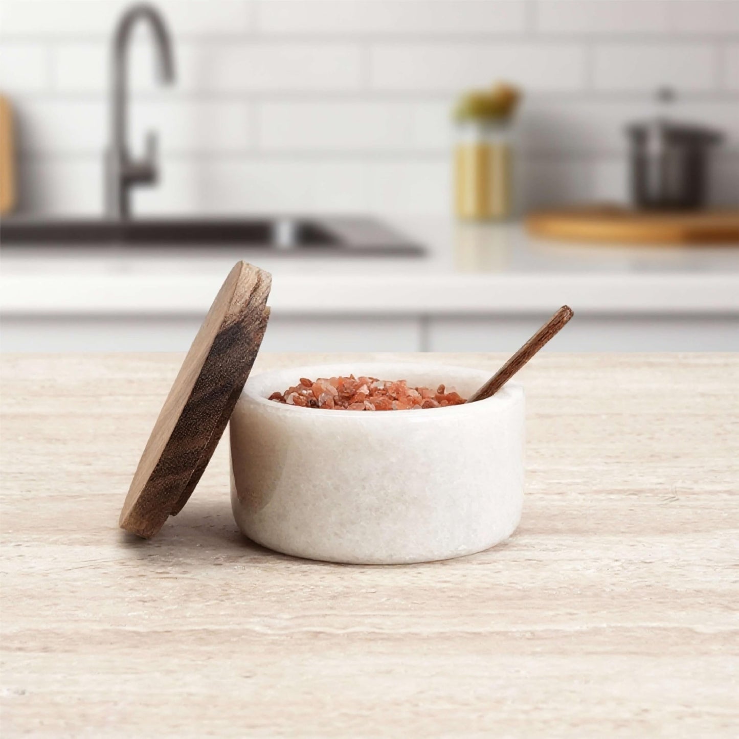 seicasaya Marble Salt Cellar with Acacia Wood Lid and Spoon – 4-inch Salt Box with Spoon Slot, Kitchen Spice Container for Salt, Sugar, or Spices (White)
