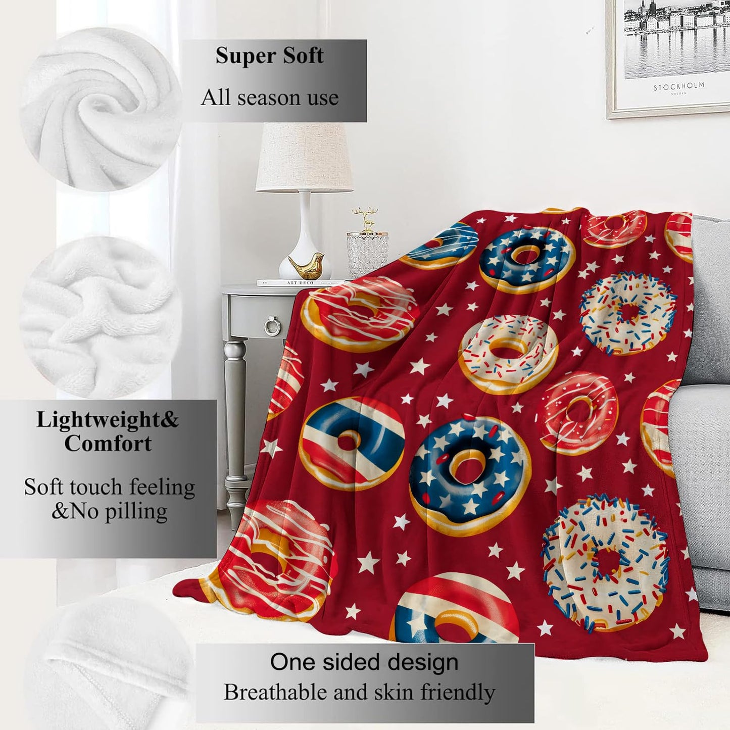 VODRM Patriotic Donut Blanket Red, White, and Blue Donuts Throw Blankets,Birthday Gifts for Kids Adult & Food Lovers,Lightweight Soft Fleece Cozy for Sofa Couch Bed Room Festive Decor 50x60in
