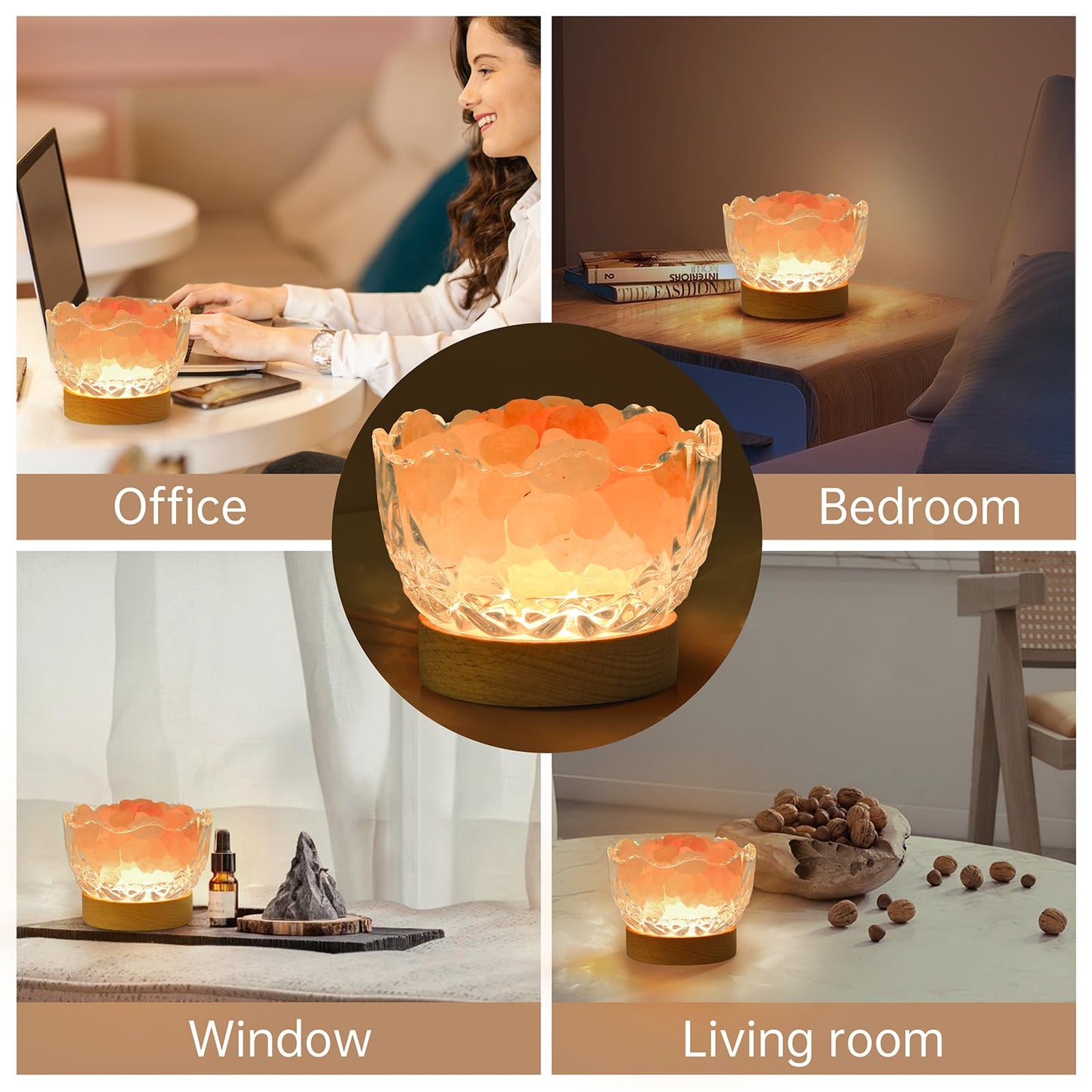 HSLZOMI Himalayan Salt Lamp, Pink, Wooden Base, 10 Levels of Light Intensity Adjustment, USB Plug, 1 Year Warranty