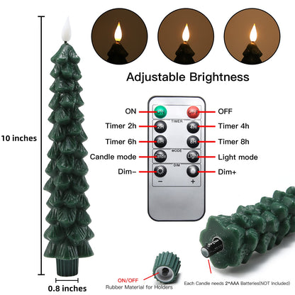 Fo32won Christmas Tree Shaped Flameless Candlesticks Battery Operated with Remote and Timer, Set of 4 Real Wax LED Taper Candles with 3D Flickering Wick for Christmas Decoration Gift