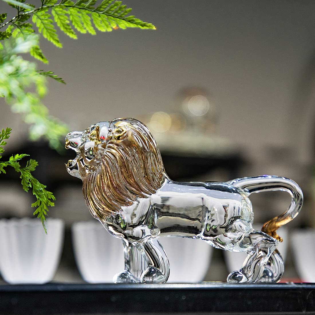 YU FENG 5.5inch Crystal Lion Figurine Collectible,Blown Painted Glass Art Wildlife Animal Sculpture Ornament Handmade Crystal Paperweight Decor Gifts,Clear