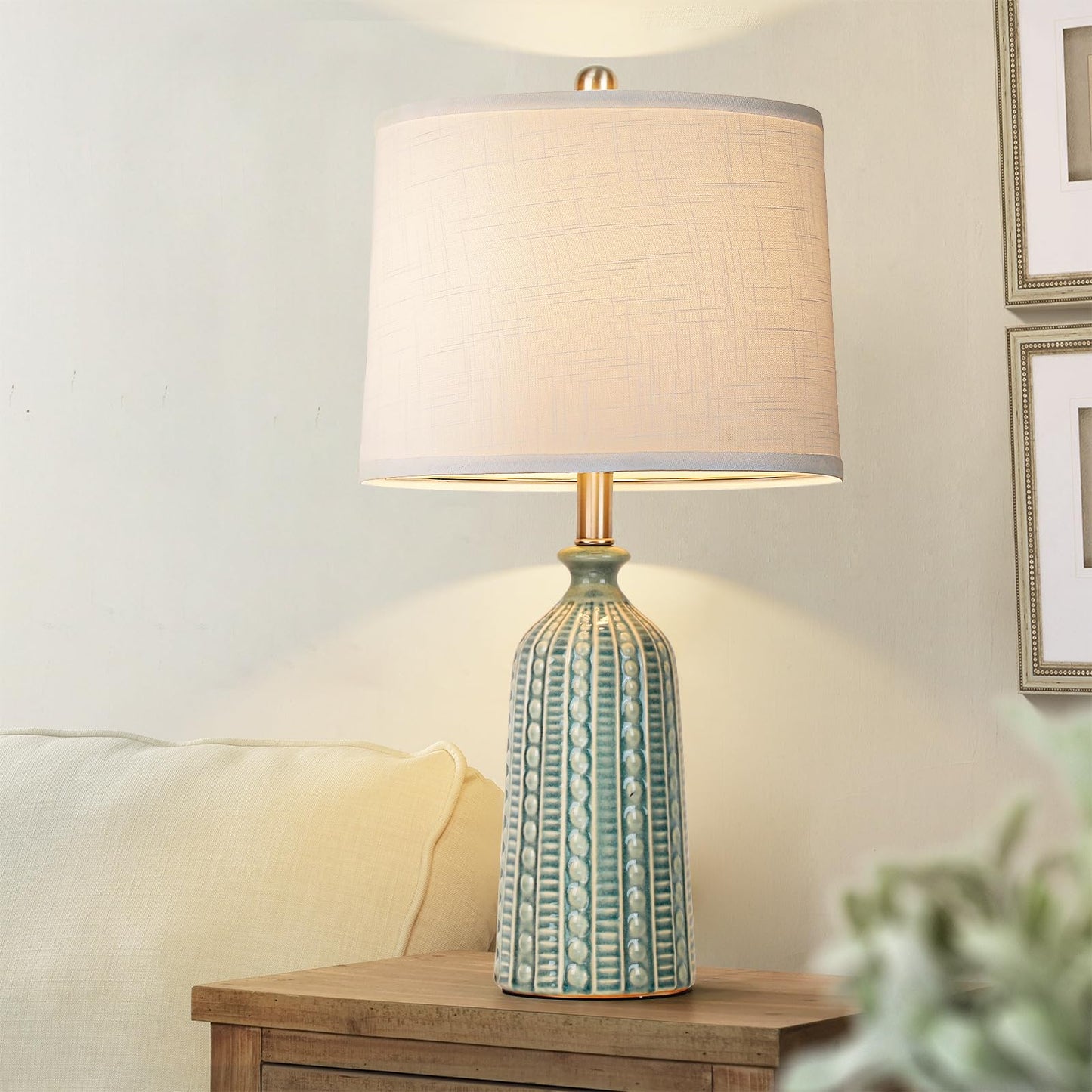 JUNNAI Green Ceramic Table Lamp 24.5": 3-Way Dimmable Nightstand Lamp with White Drum Lamp Shade | Modern Bedside Lamp for Bedrooms & Living Room (Bulb Included)