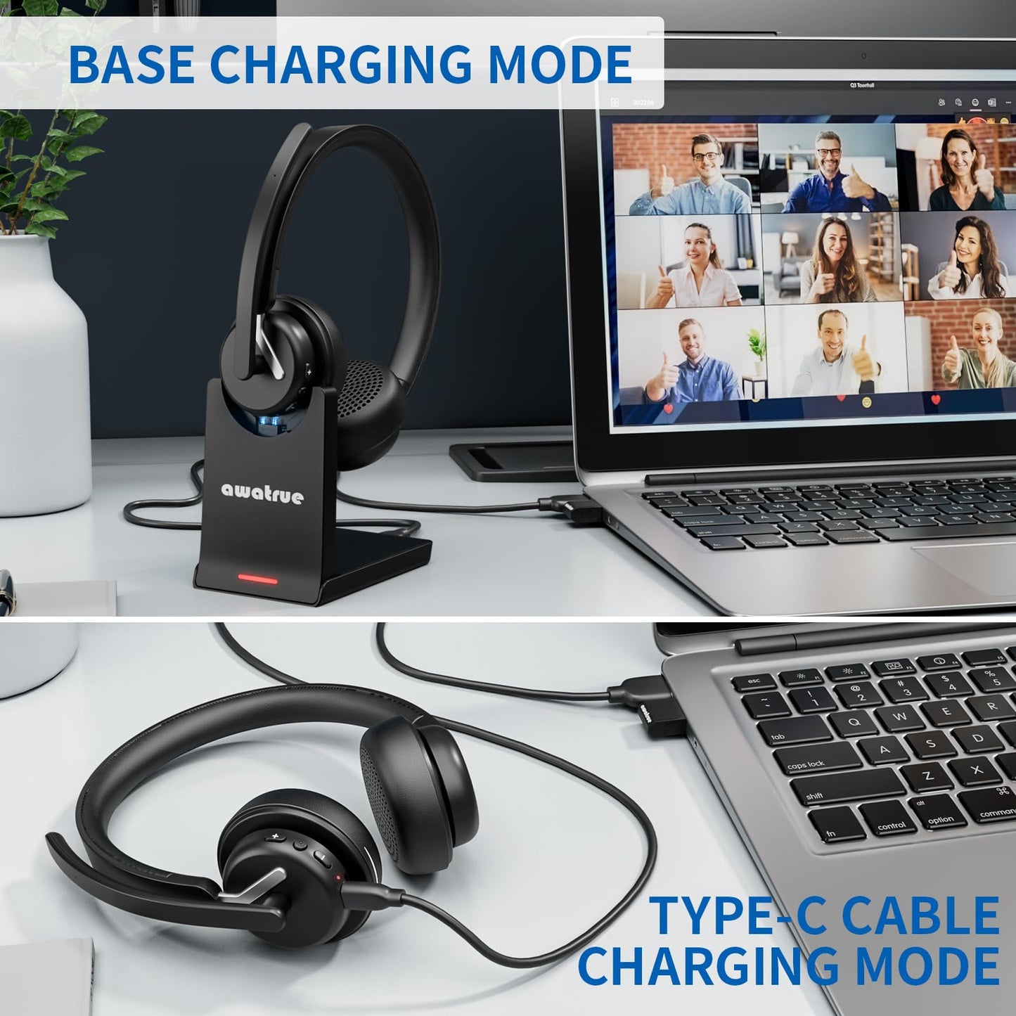 Wireless Headset with Mic for Work, Bluetooth 5.3 Headset with AI Noise Cancelling Microphone & Call Reminder, Wireless Headphone with Voice Assistant for PC/Computer/Remote Work/Call Center/Zoom
