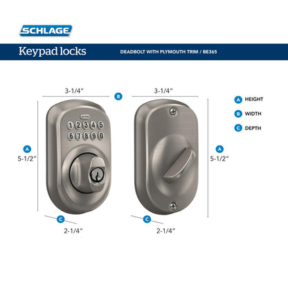 Schlage BE365 PLY 716 Plymouth Keypad Deadbolt, Electronic Keyless Entry Lock, Aged Bronze