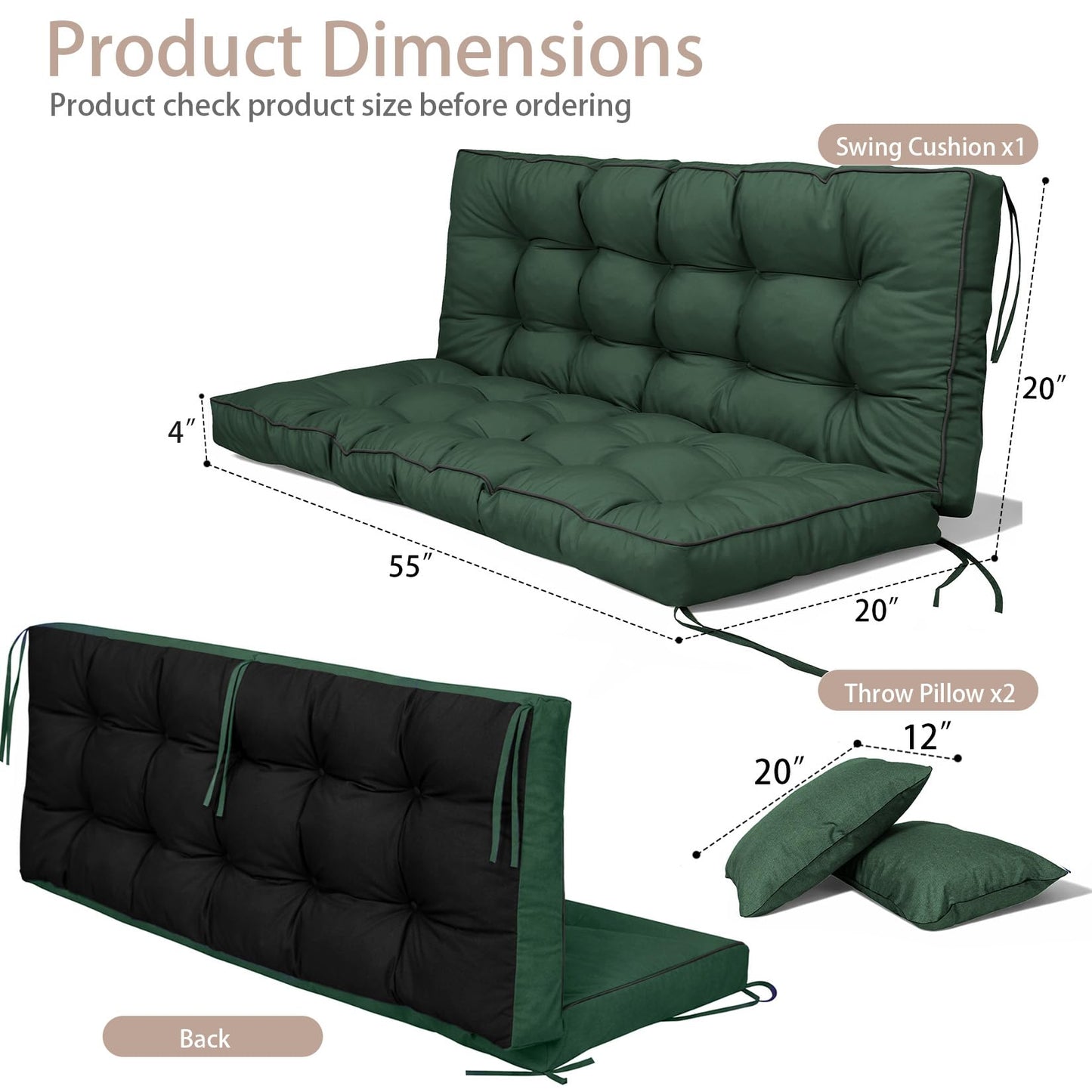 Kerkrot Porch Swing Cushions, Waterproof & Fade Resistant Outdoor Swing Cushion 55 Inch, Swing Cushions 3 Seater Replacement for Outdoor Furniture, Patio, Garden (Green, 55 x 40 inch)