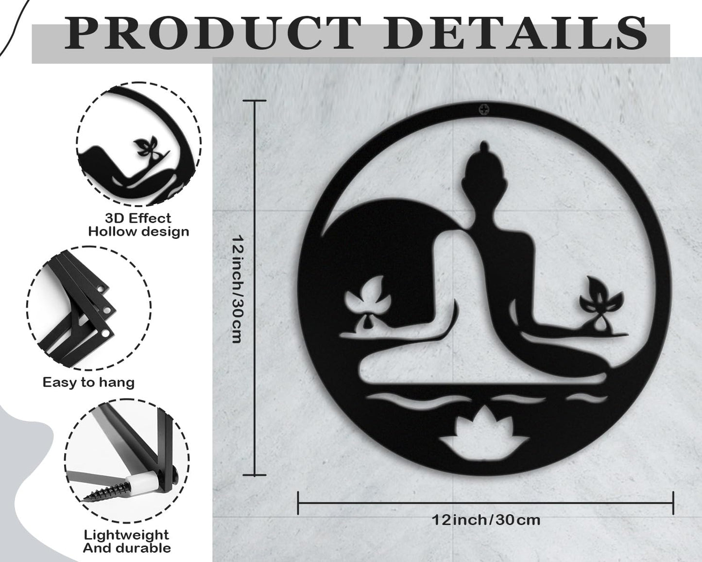 Kas Home Metal Zen Wall Decor Iron Buddha Wall Art Zen Lotus Spiritual Meditation Decor for Living Room Bedroom Yoga Studio Office Wall Décor (Black, 12x12inch)