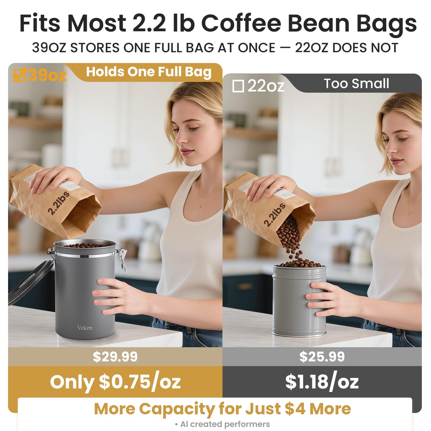 Veken Coffee Canister, 39OZ Large,Airtight Stainless Steel Food Storage Container for 2.2lbs Beans,Ground,Sugar,Espresso,Rice,Tea,Flour,Cereal,Cookie,Lids,Jars,Gifts,Scoop,Kitchen Bar Accessories,Gray