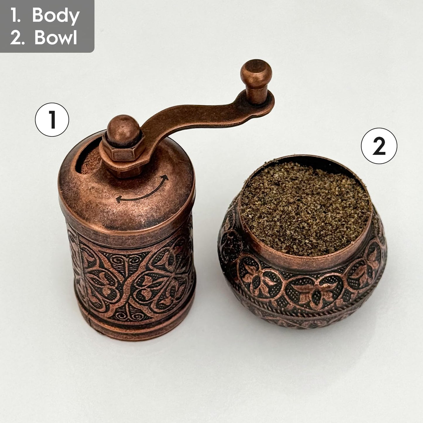 Glios Handmade Decorative Black Pepper Grinder, Refillable Turkish Spice Mill Manual Pepper Mill with Handle, Spice Grinder Metal with Hand Crank 11 cm-4.3 inch