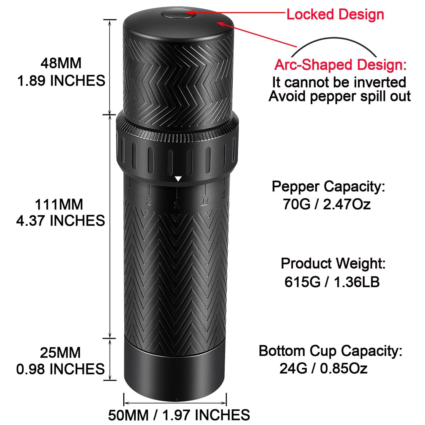 Heavy Duty Manual Pepper Grinder Mill - 10X Fast Grind & External 12-Level Coarseness Adjuster, Aerospace Aluminum with Steel Burr for Kitchen, BBQ and Restaurant