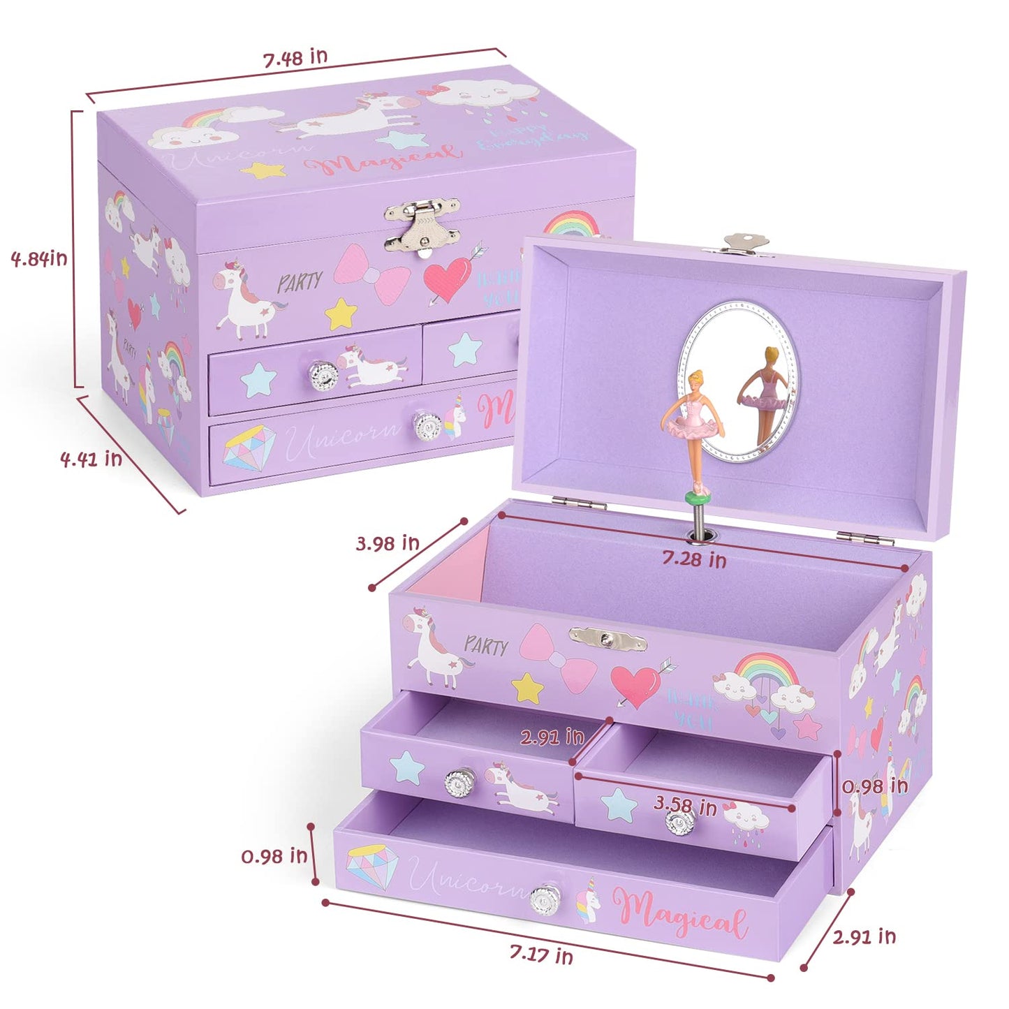 efubaby Musical Jewelry Box for Girls 3 Layer Music Box with Drawers Spinning Ballerina Unicorn Design Included Unicorn Jewelry Set Kids Birthday Christmas Gifts for Girls, Purple