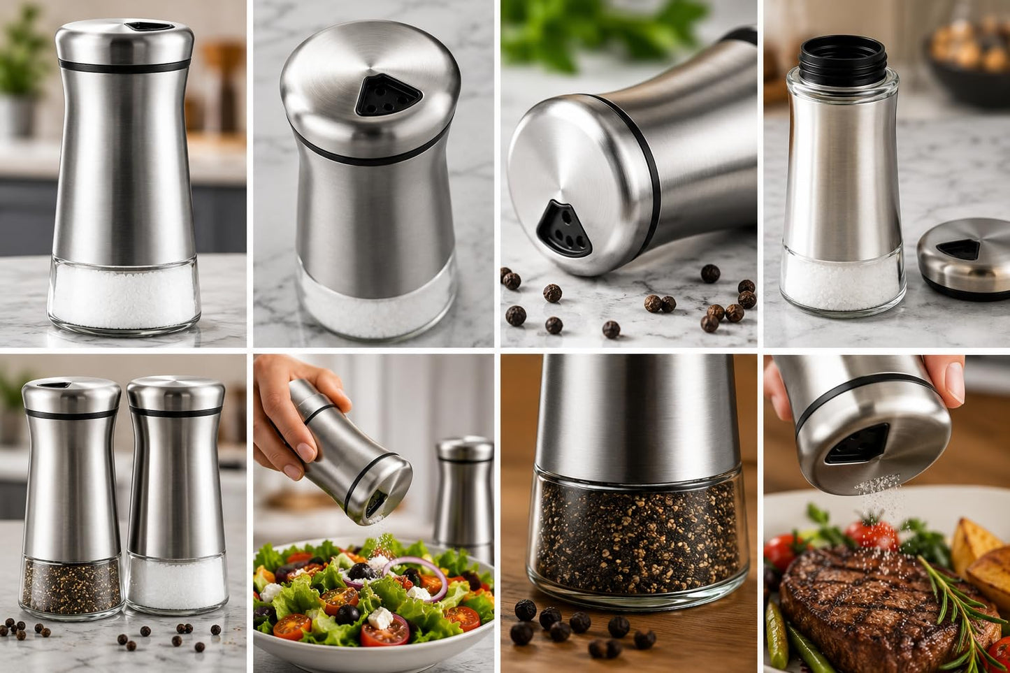 Salt and Pepper Shaker Set, Stainless Steel & Glass Spice Shakers, Adjustable Pour Holes, Refillable Salt & Pepper Dispensers for Kitchen & Dining Table Set of 2 Bottles