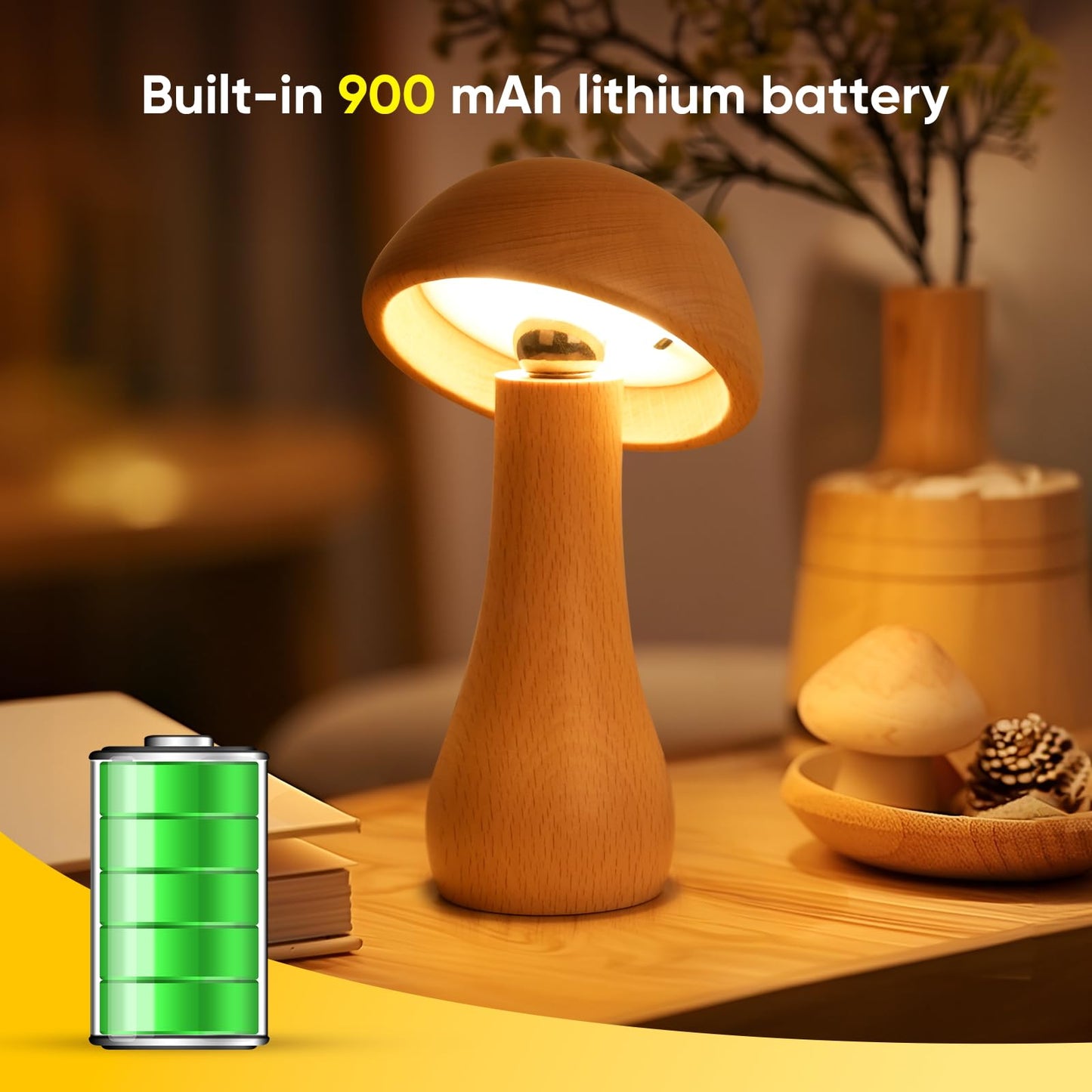 Wooden Small Mushroom Lamp, Touch Switch Cordless Table Lamp for nightstand, Rechargeable Battery Operated Night Light, 360 Degree Rotation Adjustable, Stepless Dimming Desk Lamps for Living Room