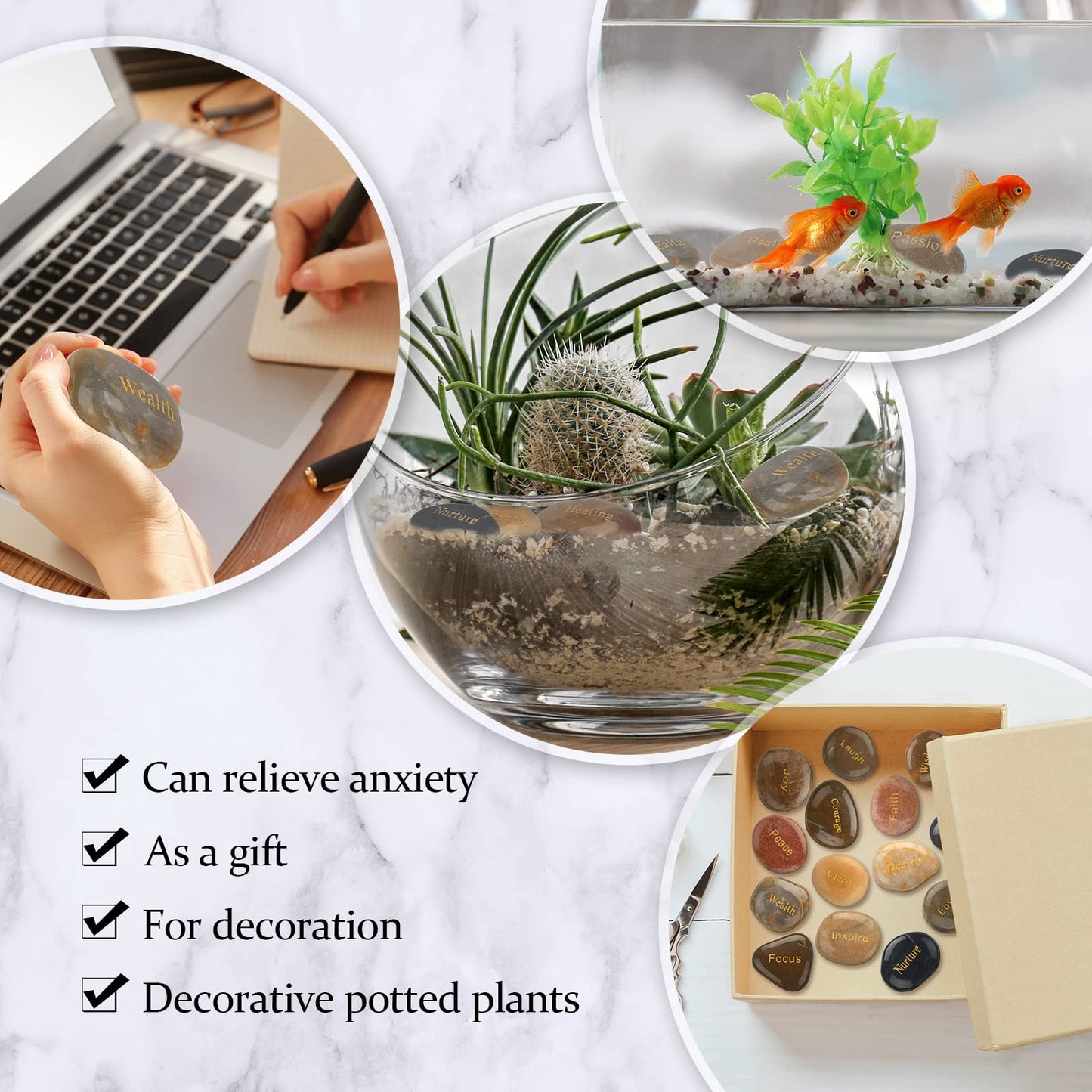 CHENGU 100 Pcs Engraved Rocks with Inspirational Words Inspirational Stones Bulk Positive Words Encouragement Stones for Gifts Office Home Decor