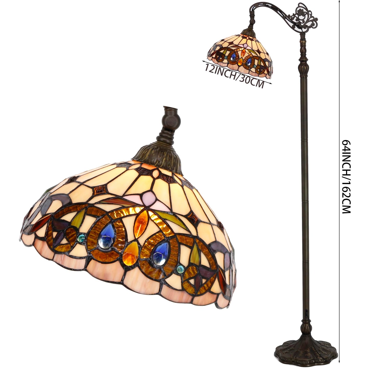 WERFACTORY Tiffany Floor Lamp Stained Glass Serenity Victorian Arched Lamp 12X18X64 Inches Gooseneck Adjustable Corner Standing Reading Light Decor Bedroom Living Room S021 Series